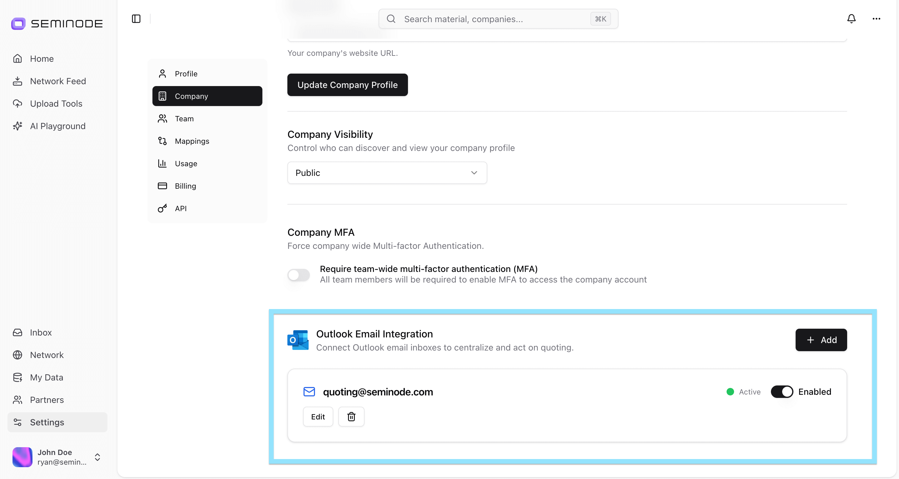 Outlook integration and quoting workflow in Seminode